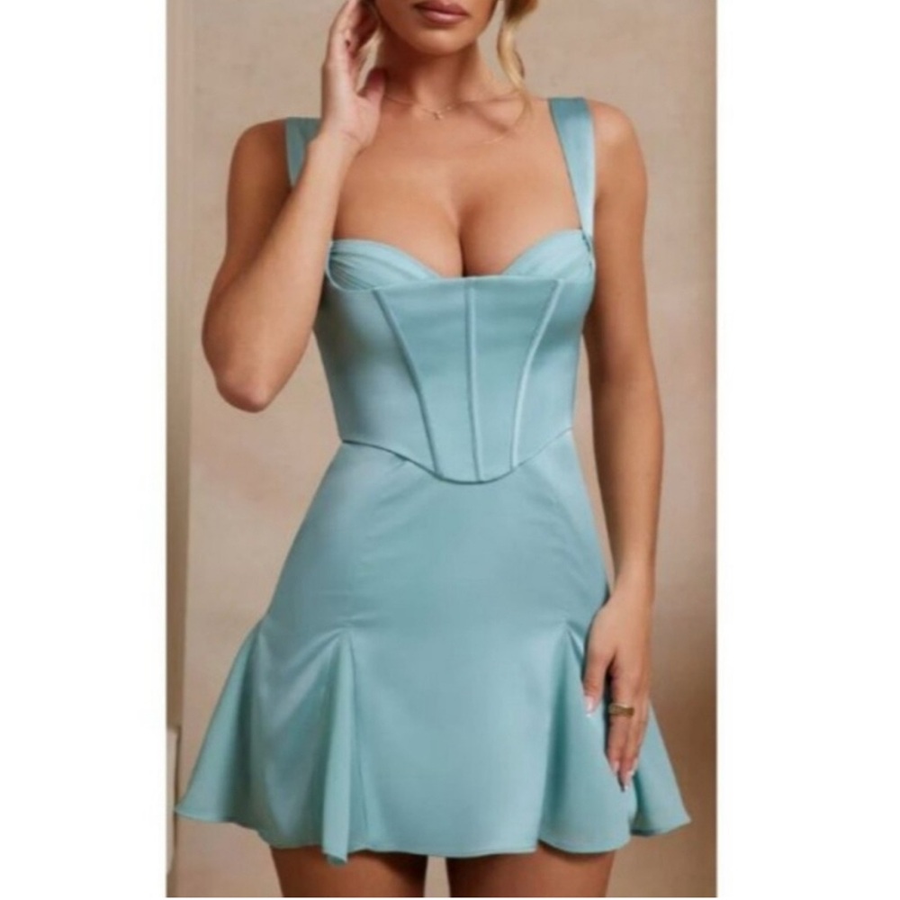 Oh Polly Satin Mini Corset Dress in Light Blue Teal